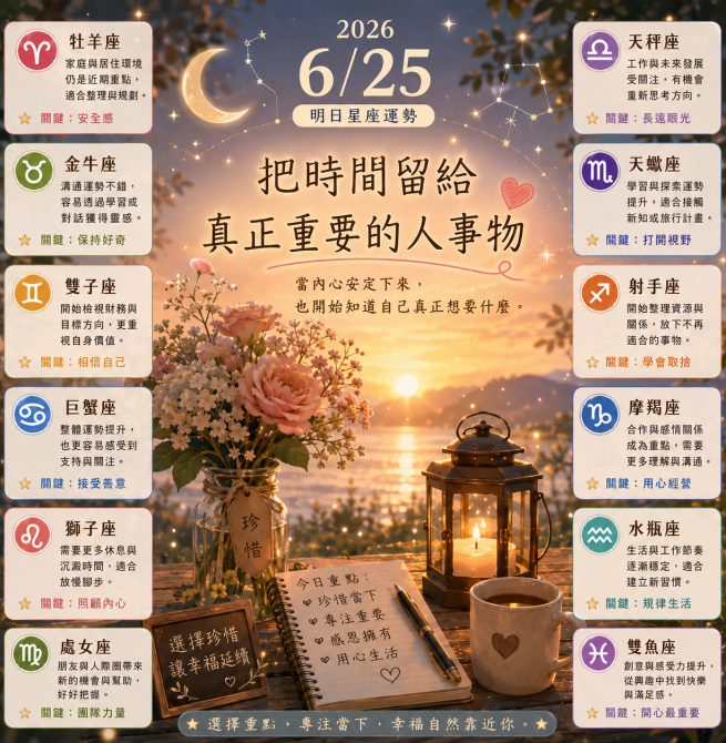 2026年6月25日 明日星座運勢  當內心安定下來，也開始知道自己真正想要什麼