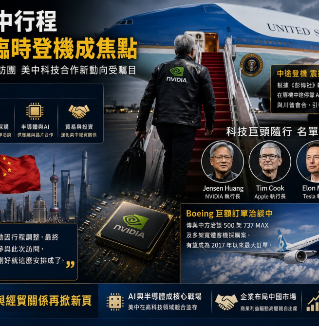 黃仁勳最後一刻登空軍一號 隨川普訪中引爆全球科技與半導體關注