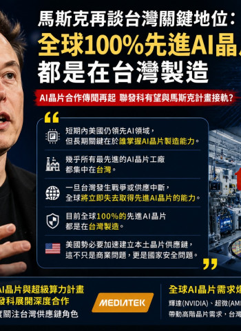 馬斯克點名台灣掌握AI命脈「全球100%先進AI晶片都在台灣製造」