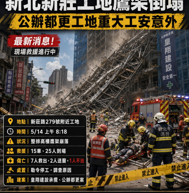 新莊工地10層鷹架突倒塌！7工人受困 1人OHCA命危送醫
