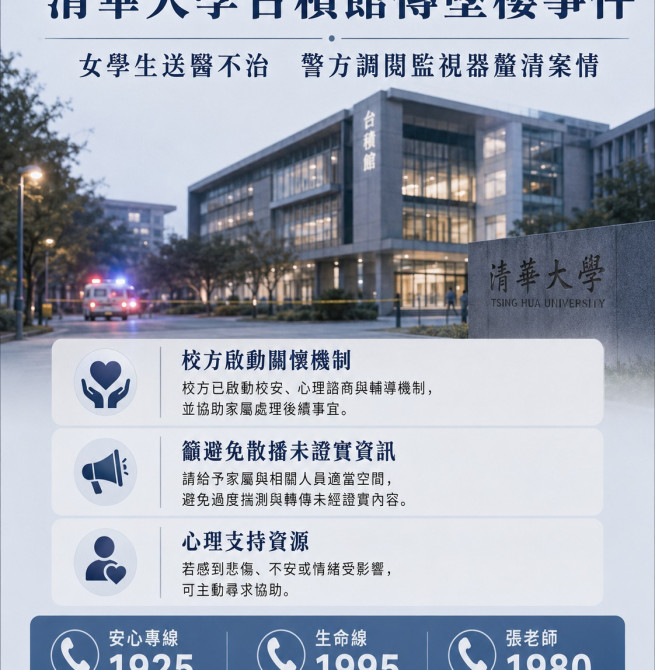 清華大學台積館傳墜樓事件 女大生送醫不治、校方啟動輔導機制