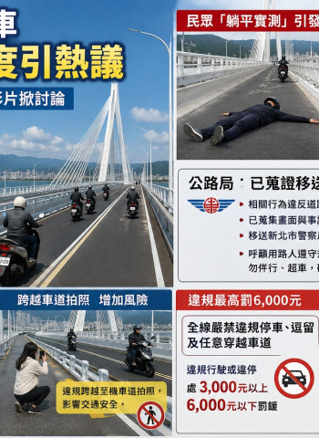 淡江大橋機車道太窄？民眾「躺平實測」挨罰 濕滑問題也引熱議