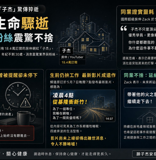 30歲前驟逝！基隆房仲YouTuber子杰睡夢中離世 同業Zack悲痛：為何不聽休息