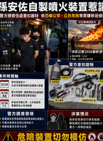 孫安佐北投河堤測試「自製火槍」遭逮 警方依公共危險罪送辦