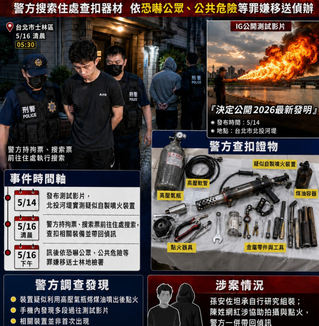 孫安佐北投河堤測試「自製火槍」遭逮 警方依公共危險罪送辦