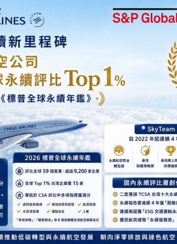 華航奪全球航空永續第一！連9年入選標普永續年鑑 全球唯一Top 1％航空公司