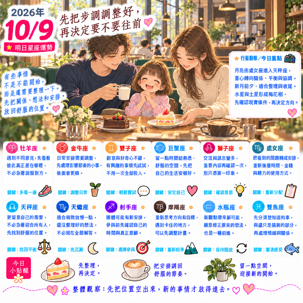 2026年10月9日 明日星座運勢  先把步調調整好，再決定要不要往前