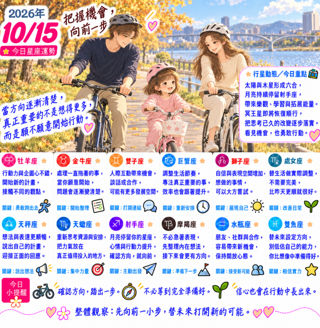 2026年10月15日 明日星座運勢  把握機會，向前一步