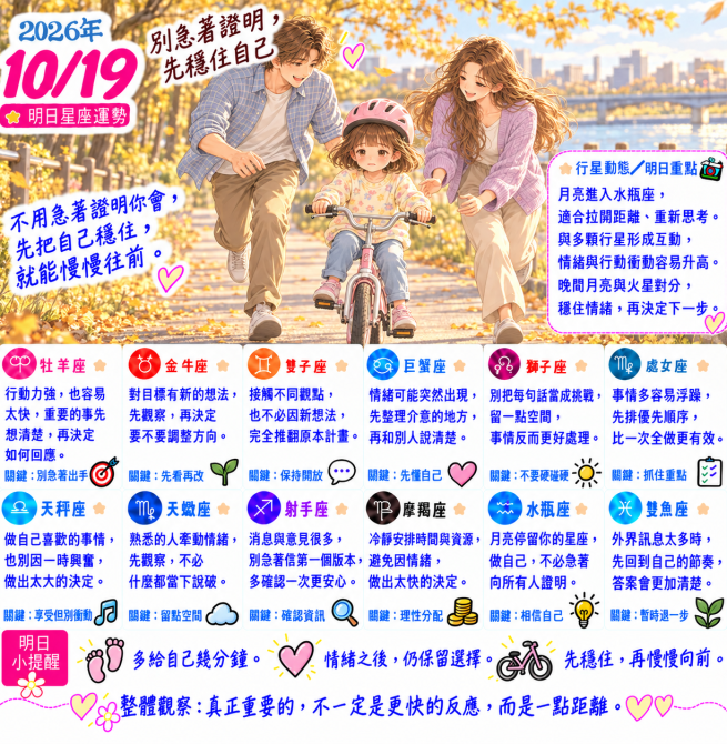 2026年10月19日 明日星座運勢  別急著證明，先穩住自己