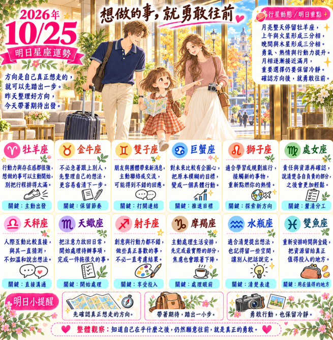 2026年10月25日 明日星座運勢  想做的事，就勇敢往前