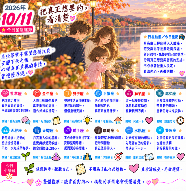2026年10月11日 今日星座運勢  把真正想要的，看清楚