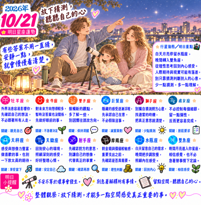 2026年10月21日 明日星座運勢  放下猜測，聽聽自己的心