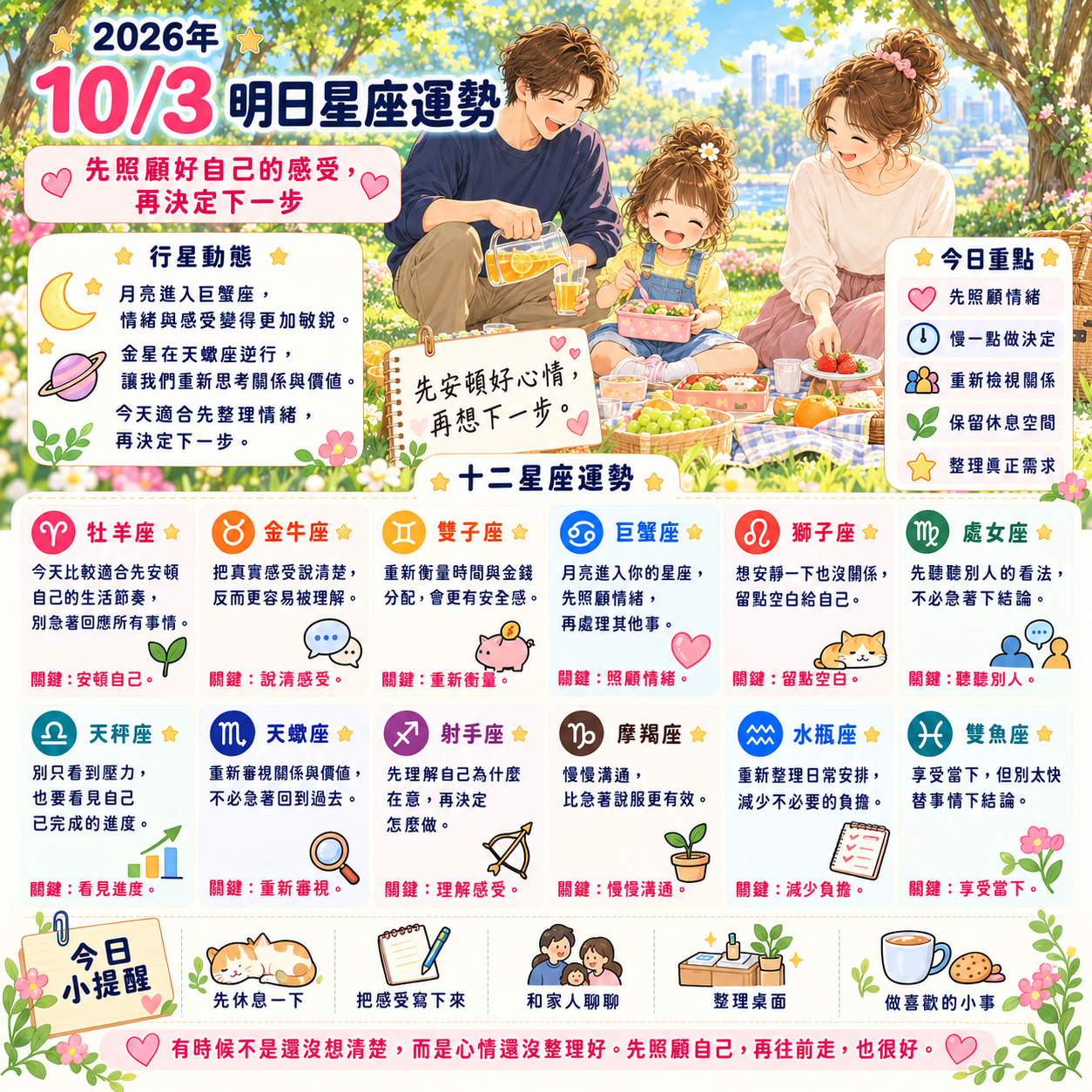 2026年10月3日 明日星座運勢  先照顧好自己的感受，再決定下一步