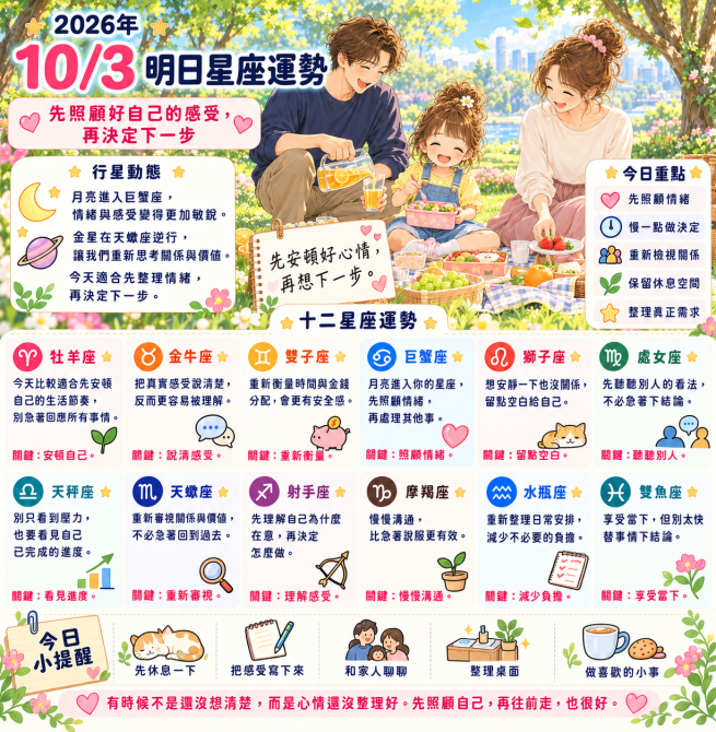 2026年10月3日 明日星座運勢  先照顧好自己的感受，再決定下一步