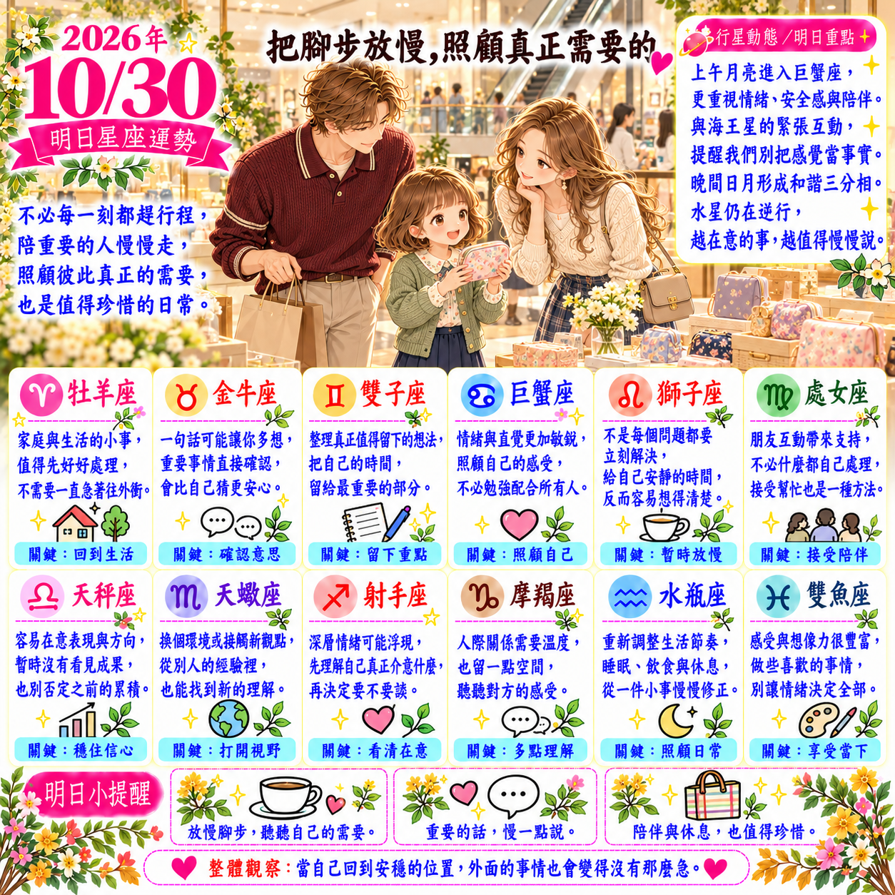 2026年10月30日 明日星座運勢 把腳步放慢,照顧真正需要的