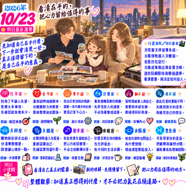 2026年10月23日 明日星座運勢  看清在乎的，把心力留給值得的事