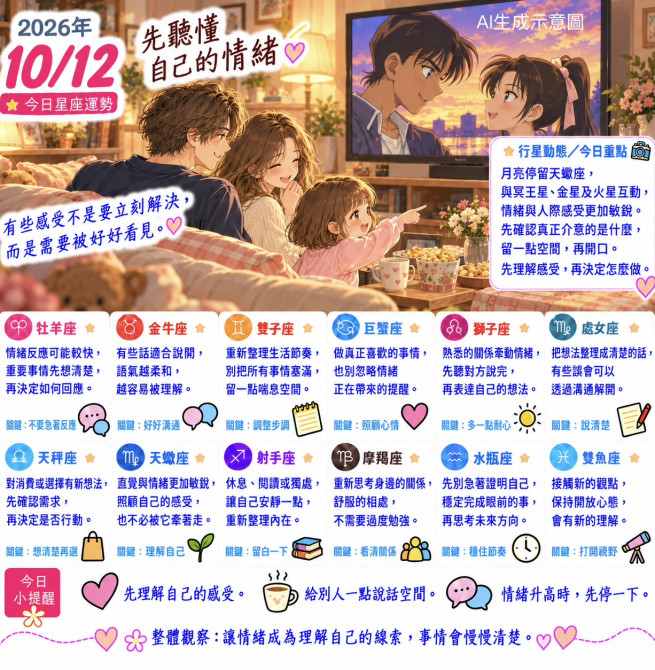 2026年10月12日 今日星座運勢  先聽懂自己的情緒