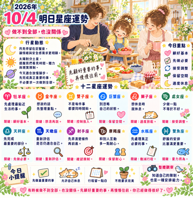 2026年10月4日 明日星座運勢  做不到全部，也沒關係