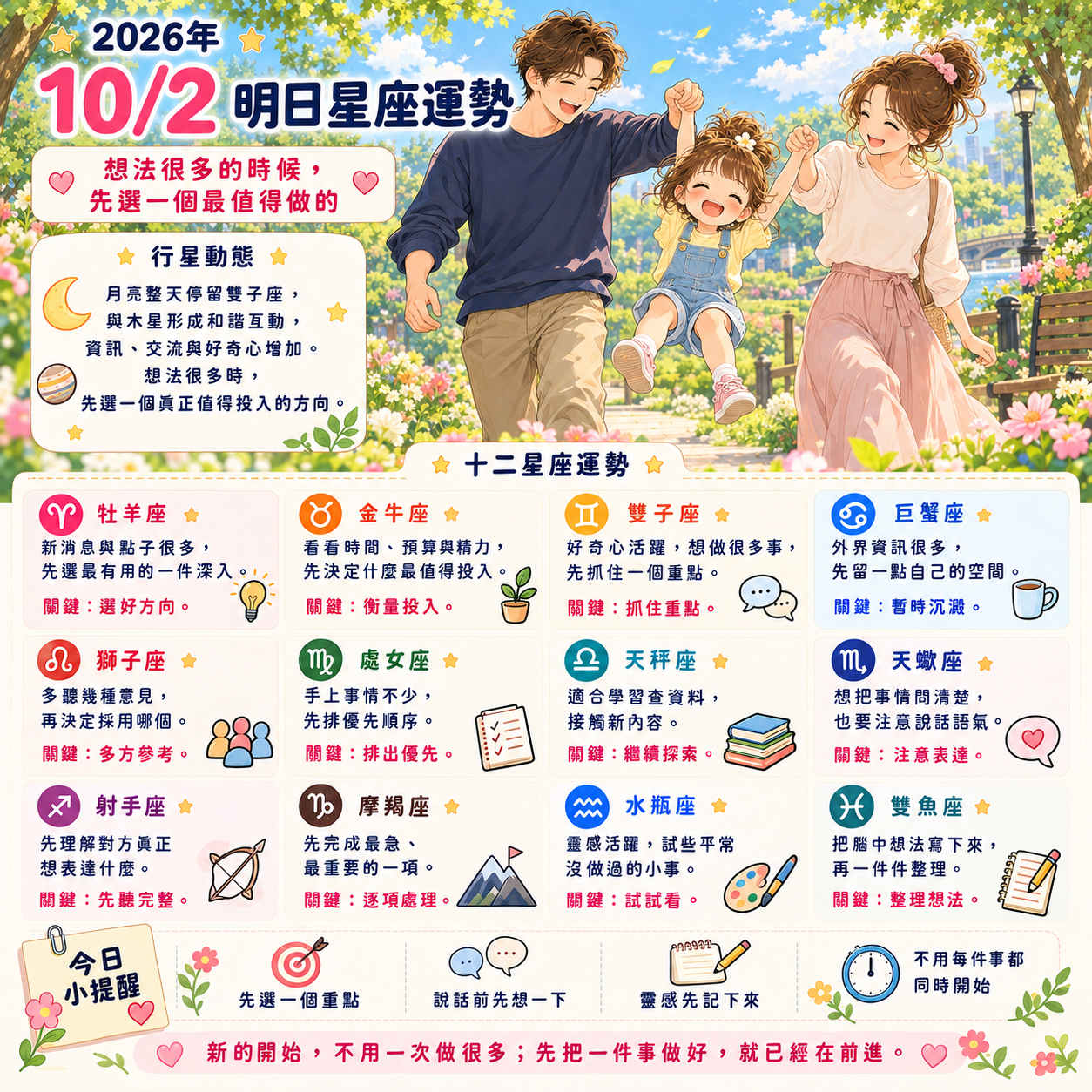 2026年10月2日 明日星座運勢  想法很多的時候，先選一個最值得做的