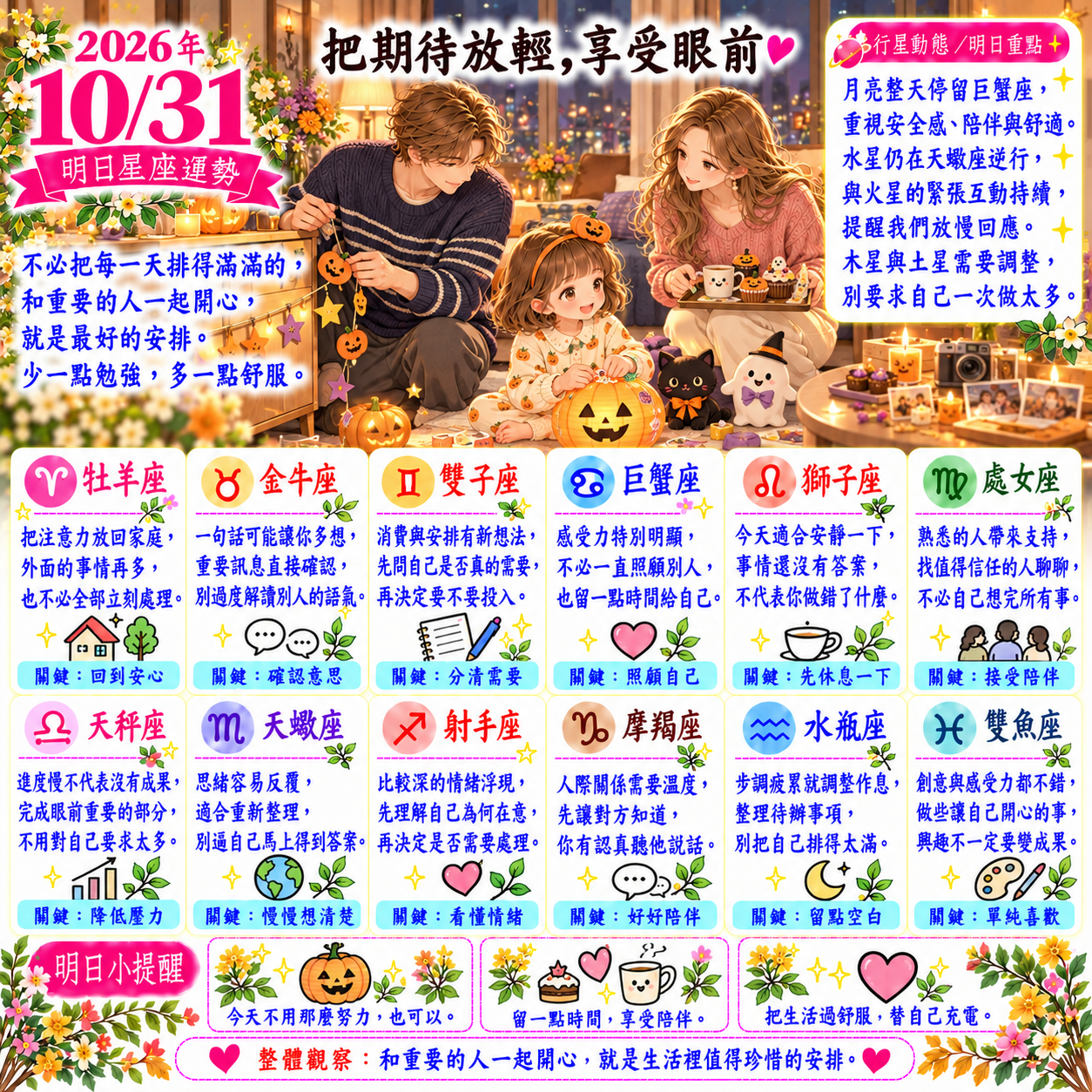2026年10月31日 明日星座運勢  把期待放輕，享受眼前
