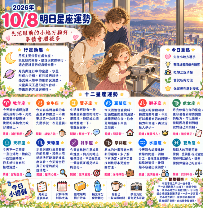 2026年10月8日 明日星座運勢  先把眼前的小地方顧好，事情會順很多
