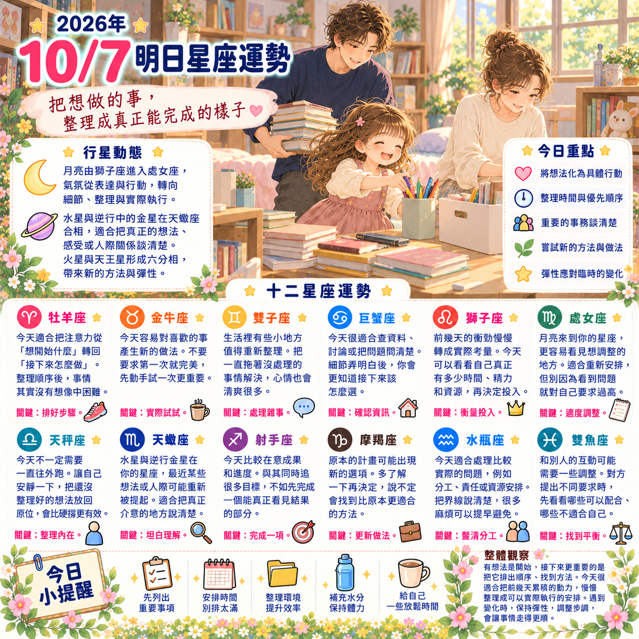 2026年10月7日 明日星座運勢 把想做的事,整理成真正能完成的樣子
