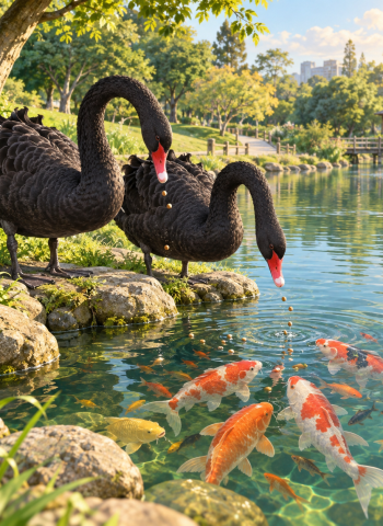 黑天鵝竟會「餵魚」！后里環保公園上演療癒互動畫面