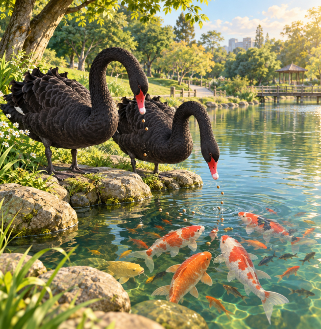 黑天鵝竟會「餵魚」！后里環保公園上演療癒互動畫面