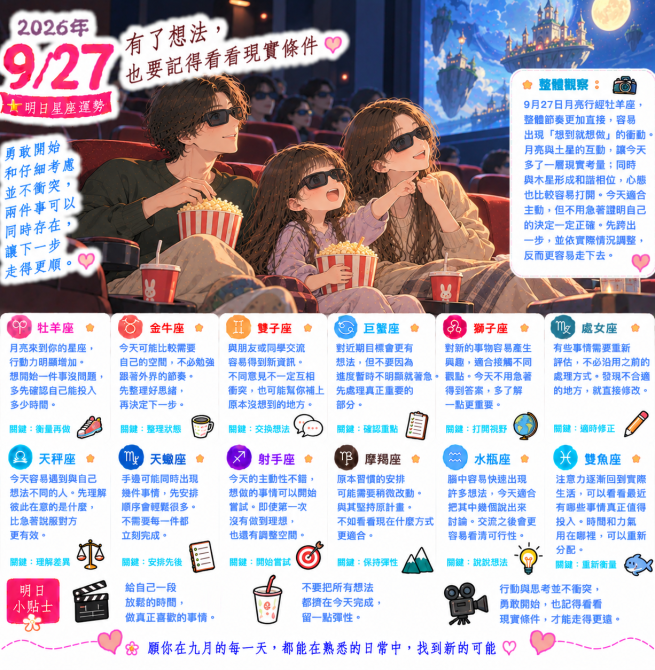 2026年9月27日 明日星座運勢  有了想法，也要記得看看現實條件