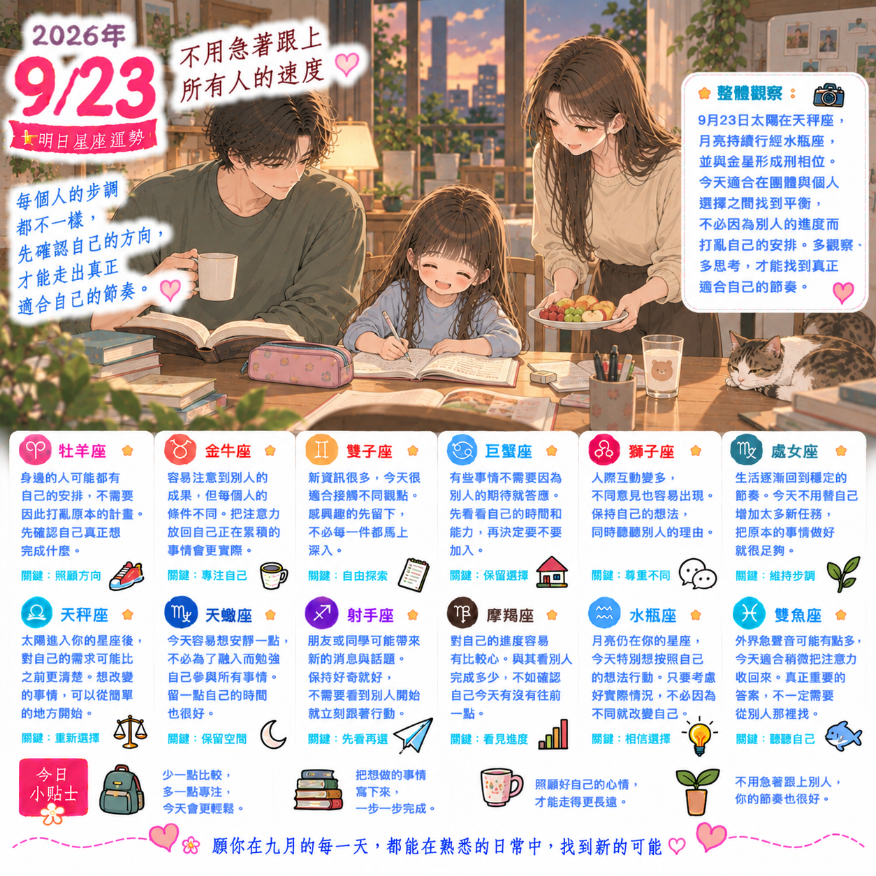 2026年9月23日 明日星座運勢  不用急著跟上所有人的速度