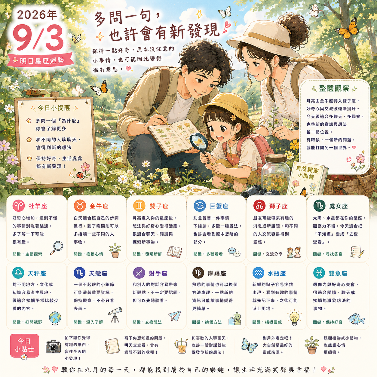 2026年9月3日 明日星座運勢  多問一句，也許會有新發現