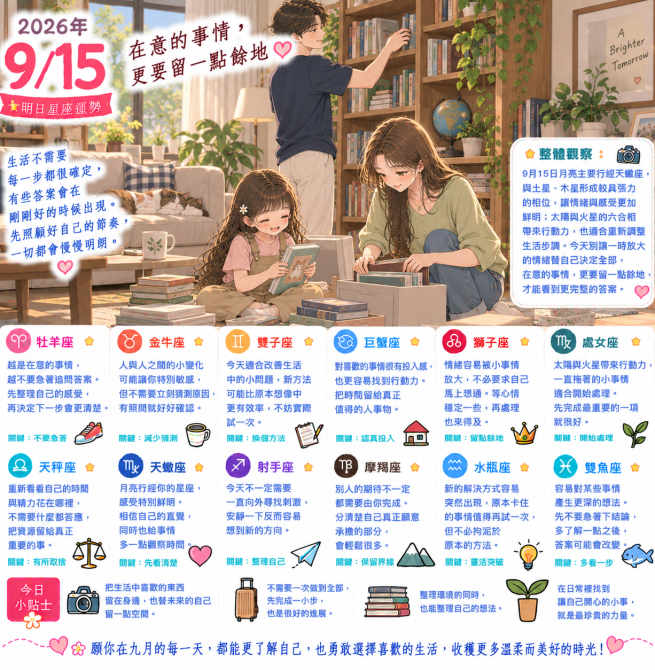 2026年9月15日 明日星座運勢  在意的事情，更要留一點餘地