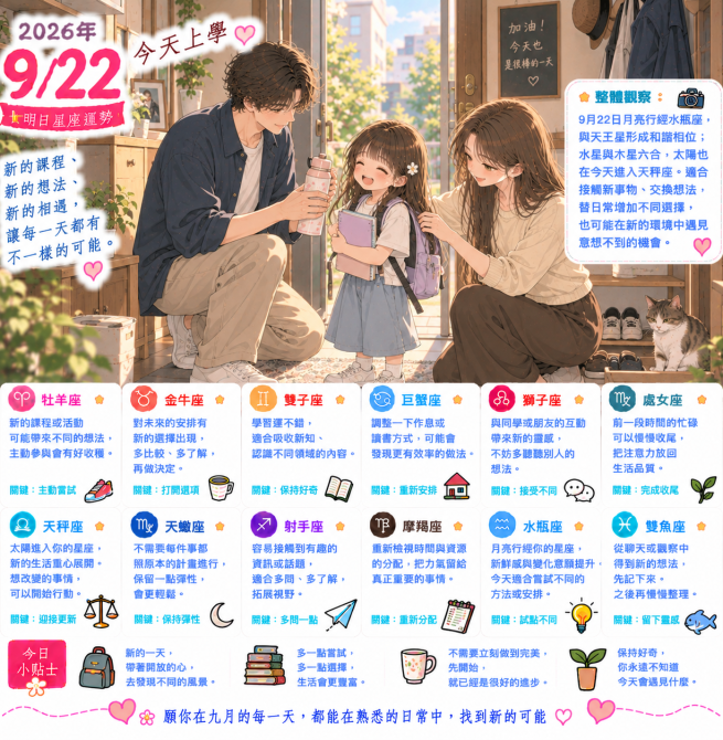 2026年9月22日 明日星座運勢  替生活留一點新的選擇