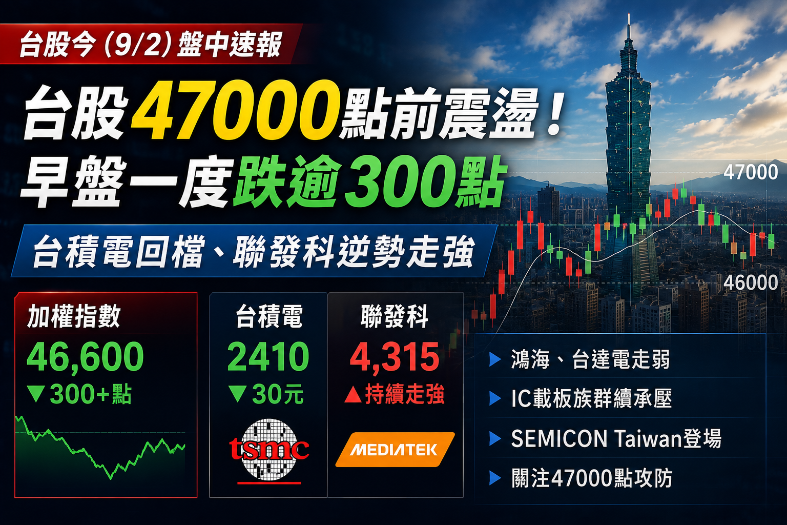台股47000點前震盪！早盤一度跌逾300點　台積電回檔、聯發科逆勢走強