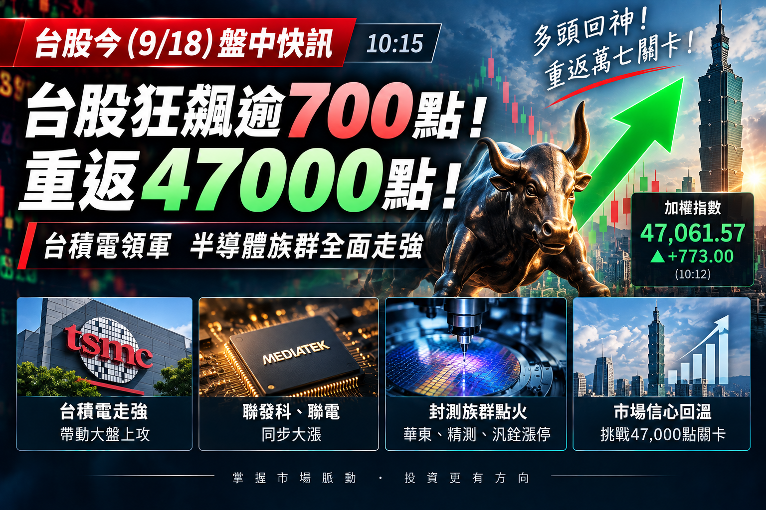 台股盤中狂飆逾700點！重返47000點　台積電領軍、聯電強攻160元
