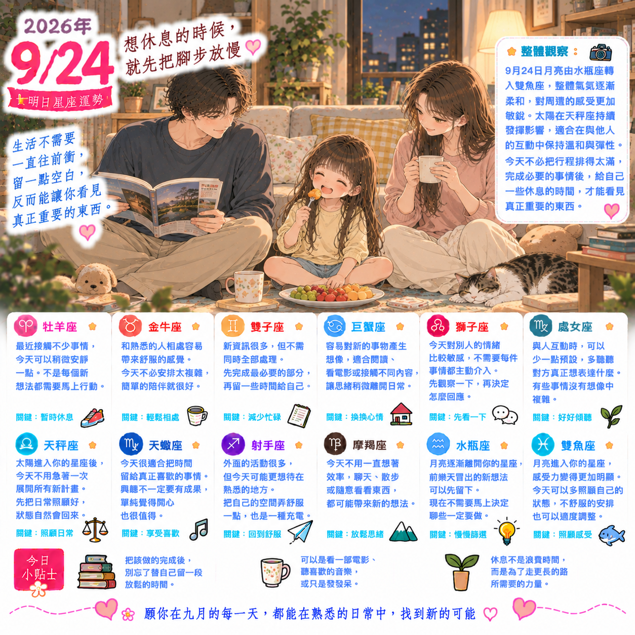 2026年9月24日 明日星座運勢  想休息的時候，就先把腳步放慢