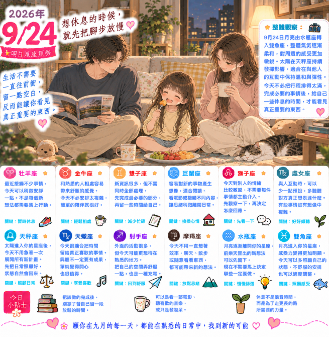 2026年9月24日 明日星座運勢  想休息的時候，就先把腳步放慢