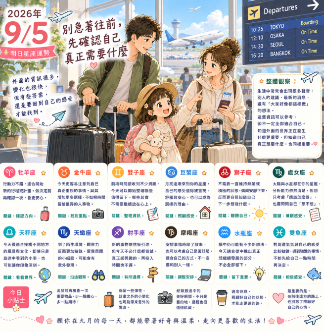 2026年9月5日 明日星座運勢  別急著往前，先確認自己真正需要什麼
