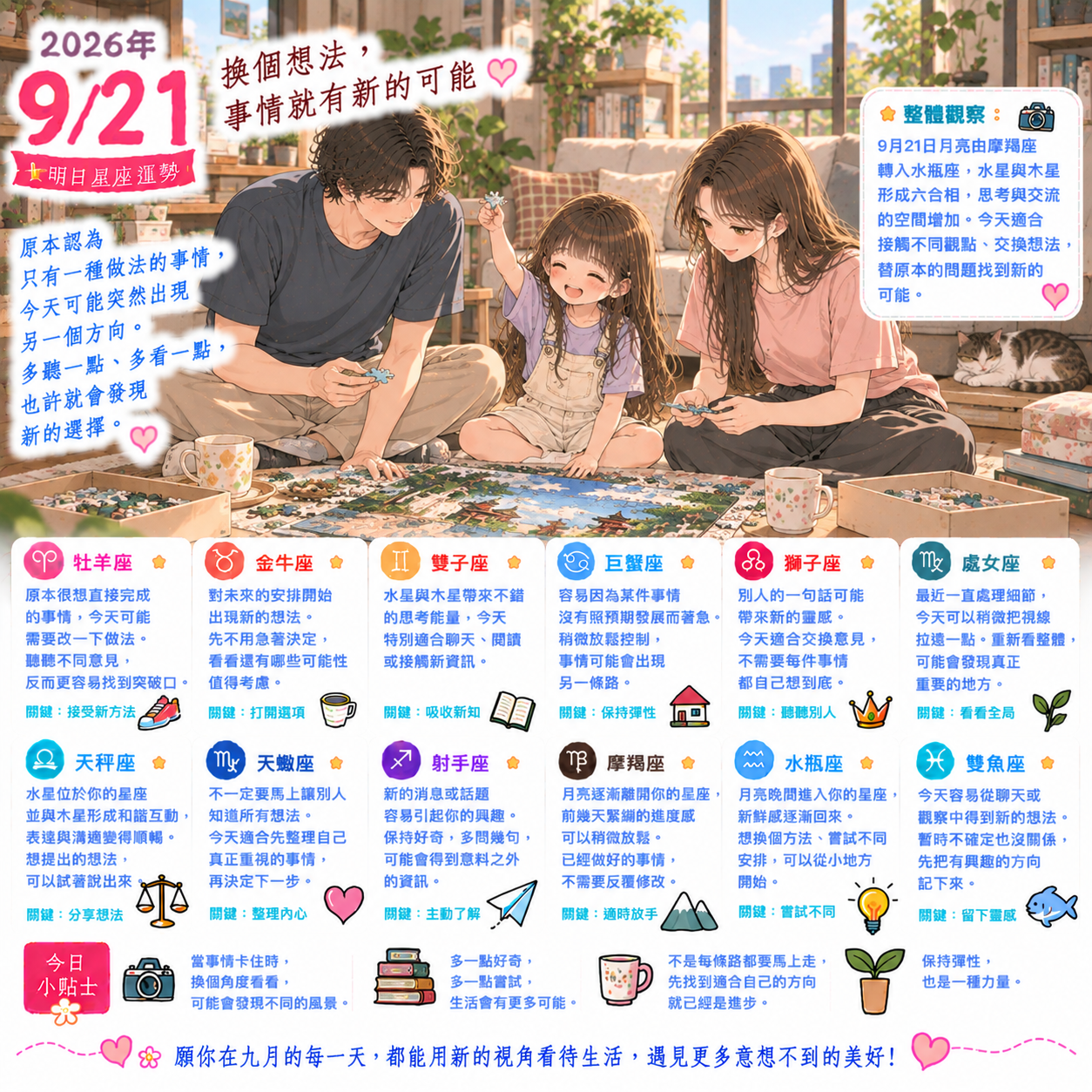 2026年9月21日 明日星座運勢  換個想法，事情就有新的可能