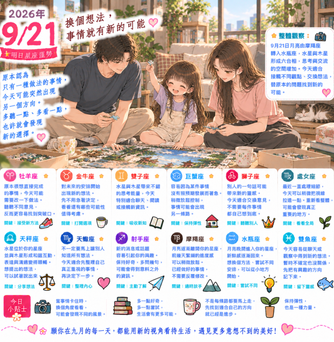 2026年9月21日 明日星座運勢  換個想法，事情就有新的可能