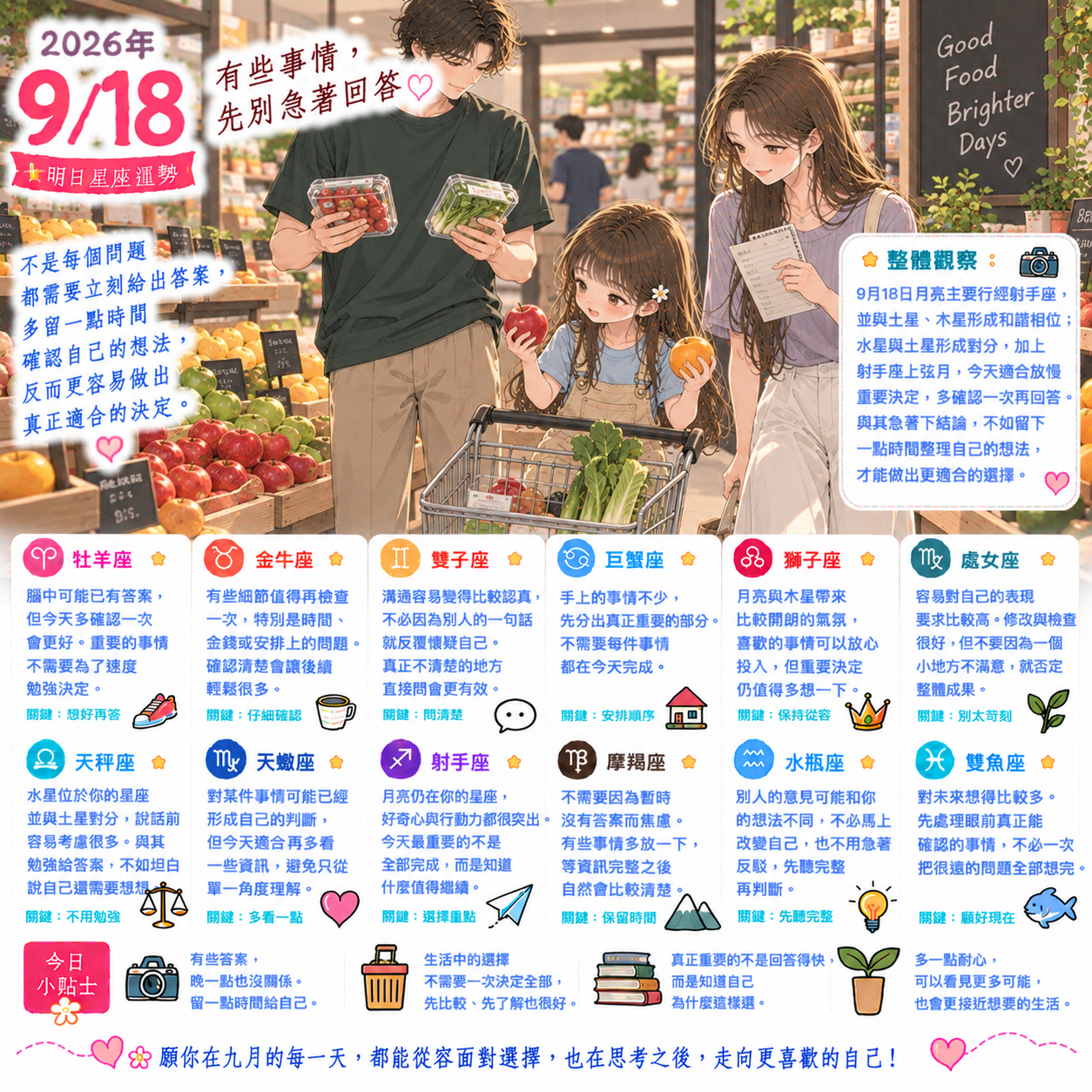 2026年9月18日 今日星座運勢  有些事情，先別急著回答
