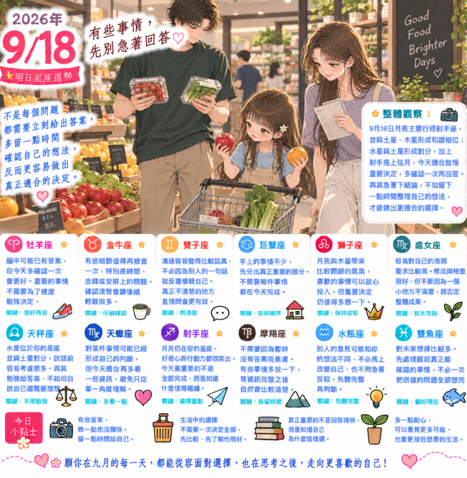 2026年9月18日 今日星座運勢  有些事情，先別急著回答